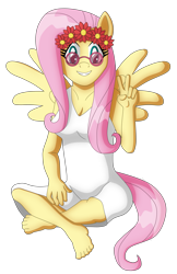Size: 3257x5015 | Tagged: safe, artist:sergeant16bit, character:fluttershy, species:anthro, barefoot, feet, female, floral head wreath, flower, hippie, hippieshy, peace sign, simple background, solo, sunglasses, transparent background, white dress