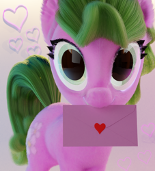 Size: 2000x2200 | Tagged: safe, artist:gabe2252, character:daisy, species:earth pony, species:pony, g4, 3d, adaisable, blender, cute, detailed hair, envelope, female, fluffy, heart, holiday, mare, solo, valentine, valentine's day