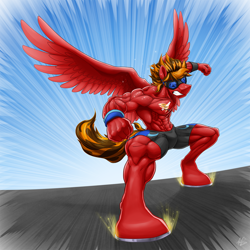 Size: 1276x1276 | Tagged: safe, artist:ponyanony, oc, oc only, oc:marker pace, species:anthro, species:pegasus, species:pony, species:unguligrade anthro, abs, alternative cutie mark placement, anthro oc, armpits, biceps, clothing, cutie mark on chest, goggles, gritted teeth, landing, male, muscles, pants, solo, stallion, thunder thighs, wristband