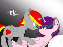 Size: 2048x1536 | Tagged: safe, artist:rubydeluxe, derpibooru original, oc, oc only, oc:holly dance, oc:rd, species:alicorn, species:pony, alicorn oc, blushing, cutie mark, ear fluff, ear piercing, female, horn, lying down, male, neck fluff, piercing, pillow, shading, shipping, signature, simple background, smiling, straight, wings