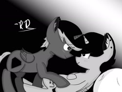 Size: 2048x1536 | Tagged: safe, alternate version, artist:rubydeluxe, derpibooru original, oc, oc only, oc:holly dance, oc:rd, species:alicorn, species:pony, alicorn oc, black and white, blushing, cutie mark, ear fluff, ear piercing, female, grayscale, male, monochrome, neck fluff, piercing, pillow, shading, shipping, signature, smiling, straight