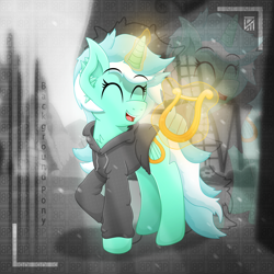 Size: 4000x4000 | Tagged: safe, artist:sol-r, character:lyra heartstrings, fanfic:background pony, clothing, dig the swell hoodie, fanfic, fanfic art, female, framed picture, hoodie, partial color, solo, zoom layer