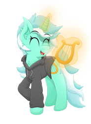 Size: 2958x4000 | Tagged: safe, artist:sol-r, character:lyra heartstrings, fanfic:background pony, clothing, dig the swell hoodie, fanfic, fanfic art, female, glowing horn, hoodie, lyre, magic, raised hoof, simple background, solo, telekinesis, transparent background