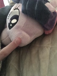 Size: 3024x4032 | Tagged: safe, artist:rubydeluxe, character:twilight sparkle, character:twilight sparkle (alicorn), species:alicorn, species:human, species:pony, bed, blanket, boop, cute, finger, horn, irl, irl human, photo, pillow, plushie