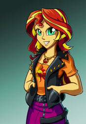Size: 882x1260 | Tagged: safe, artist:sanity-x, character:sunset shimmer, equestria girls:forgotten friendship, g4, my little pony: equestria girls, my little pony:equestria girls, clothing, female, gradient background, smiling, solo, spikes