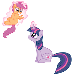 Size: 1000x1027 | Tagged: safe, artist:kumkrum, character:scootaloo, character:twilight sparkle, species:pegasus, species:pony, species:unicorn, cute, cutealoo, duo, duo female, female, filly, magic, mare, scootaloo can't fly, scootalove, simple background, sitting, smiling, telekinesis, transparent background