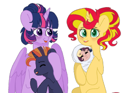 Size: 828x610 | Tagged: safe, artist:fioweress, character:sunset shimmer, character:twilight sparkle, character:twilight sparkle (alicorn), oc, oc:antares, oc:muscida, parent:sunset shimmer, parent:twilight sparkle, parents:sunsetsparkle, species:alicorn, species:pony, ship:sunsetsparkle, alternate hairstyle, cute, eyes closed, family, female, hug, lesbian, magical lesbian spawn, offspring, shipping, simple background, sleeping, tongue out, transparent background, twiabetes
