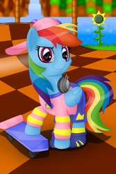 Size: 3495x5243 | Tagged: safe, artist:sergeant16bit, character:rainbow dash, absurd resolution, backwards hat, clothing, crossover, female, green hill zone, pointy shoes, shorts, skateboard, solo, sonic the hedgehog (series), sonic the hedgehog ova, sweater