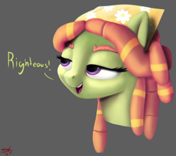 Size: 978x867 | Tagged: safe, artist:starkdust, character:tree hugger, species:earth pony, species:pony, bust, female, lidded eyes, portrait, simple background, smiling, solo
