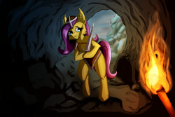 Size: 1500x1000 | Tagged: safe, artist:foxyghost, character:fluttershy, cave, dagger, female, fire, helmet, hoof hold, scared, semi-anthro, skyrim, solo, sword, the elder scrolls, weapon