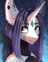 Size: 1000x1300 | Tagged: safe, artist:fenwaru, oc, oc only, species:anthro, species:pony, species:unicorn, abstract background, bust, clothing, diadem, ear fluff, female, gem, horn, jewelry, looking at you, mare, portrait, solo