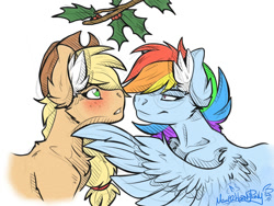 Size: 1600x1200 | Tagged: safe, artist:mimy92sonadow, character:applejack, character:rainbow dash, species:earth pony, species:pegasus, species:pony, ship:appledash, blushing, clothing, cowboy hat, female, hat, holly, holly mistaken for mistletoe, imminent kissing, lesbian, mare, multicolored hair, shipping, simple background, stetson, white background