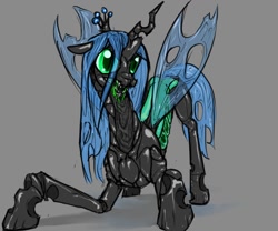 Size: 900x750 | Tagged: safe, artist:ara, character:queen chrysalis, species:changeling, changeling queen, female, gray background, quadrupedal, scary, simple background, solo