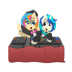 Size: 4000x4000 | Tagged: safe, artist:sol-r, character:dj pon-3, character:vinyl scratch, oc, oc:golden gates, species:pegasus, species:pony, babscon, bow tie, clothing, hat, simple background, suit, transparent background, turntable