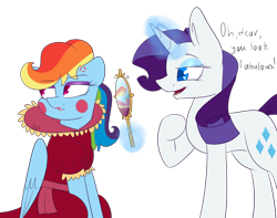 Size: 2300x1813 | Tagged: safe, artist:soundwavepie, character:rainbow dash, character:rarity, and then there's rarity, clothing, dress, forced makeover, magic, makeover, mirror, model, modeling, rainbow dash always dresses in style, ruff (clothing), simple background, transparent background, upset