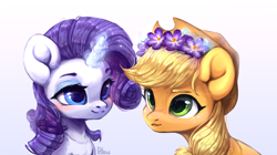 Size: 2068x1156 | Tagged: safe, artist:graypillow, character:applejack, character:rarity, species:earth pony, species:pony, species:unicorn, ship:rarijack, blep, blushing, clothing, cowboy hat, cute, female, floral head wreath, flower, freckles, glowing horn, gradient background, hat, horn, lesbian, magic, mare, shipping, silly, simple background, smiling, telekinesis, tongue out, white background