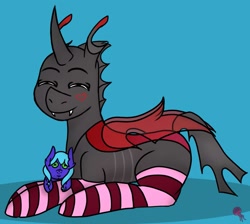 Size: 1485x1330 | Tagged: safe, artist:cottonbreeze, oc, oc only, oc:cloudy, oc:rummy, species:changeling, changeling oc, clothing, cute, doll, happy, heart, plushie, red changeling, smiling, socks, striped socks, toy