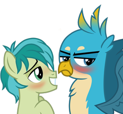 Size: 1474x1360 | Tagged: safe, artist:stellardusk, character:gallus, character:sandbar, species:earth pony, species:griffon, species:pony, ship:gallbar, episode:school daze, g4, my little pony: friendship is magic, bedroom eyes, blushing, gay, interspecies, male, shipping, show accurate, simple background, transparent background, tsundere, vector