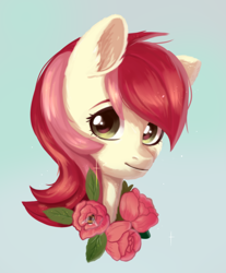 Size: 1024x1238 | Tagged: safe, artist:worldlofldreams, character:roseluck, bust, cute, cuteluck, ear fluff, flower, fluffy, gray background, head only, portrait, rose, simple background