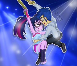 Size: 1024x886 | Tagged: safe, artist:ro994, character:flash sentry, character:twilight sparkle, character:twilight sparkle (scitwi), species:eqg human, ship:flashlight, g4, my little pony: equestria girls, my little pony:equestria girls, armpits, female, glasses, male, rewrite the stars, sciflash, shipping, smiling, spotlight, straight, the greatest showman