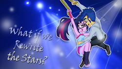 Size: 3009x1693 | Tagged: safe, artist:ro994, character:flash sentry, character:twilight sparkle, character:twilight sparkle (scitwi), species:eqg human, ship:flashlight, g4, my little pony: equestria girls, my little pony:equestria girls, armpits, female, glasses, male, rewrite the stars, sciflash, shipping, smiling, spotlight, straight, the greatest showman, wallpaper
