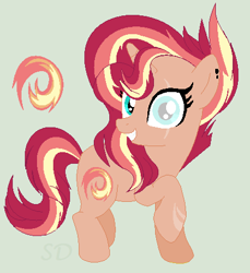 Size: 432x472 | Tagged: safe, artist:starfalldawn, base used, oc, oc:fire strike, parent:sunset shimmer, parent:tempest shadow, parents:tempestshimmer, species:pony, species:unicorn, blind eye, female, magical lesbian spawn, mare, offspring, simple background, solo