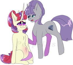 Size: 1280x1132 | Tagged: safe, artist:peep-dis, character:maud pie, character:moondancer, species:earth pony, species:pony, species:unicorn, alternate hairstyle, belly blush, crying, female, glasses, hair bun, mare, pregdancer, pregnant, simple background, transparent background, watermark, wrong cutie mark