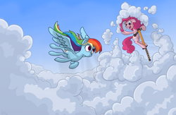 Size: 1500x980 | Tagged: safe, artist:hc0, character:pinkie pie, character:rainbow dash, species:pony, cloud, flying, how, pinkie being pinkie, pinkie physics, pogo stick