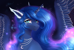 Size: 3000x2000 | Tagged: safe, artist:fenwaru, character:princess luna, species:alicorn, species:pony, abstract background, alternate design, beautiful, big wings, bust, coat markings, colored ears, ear fluff, ethereal mane, feathered bat wings, female, galaxy mane, horn jewelry, jewelry, looking at you, mare, missing accessory, necklace, slit eyes, smiling, solo, spread wings, wing claws, wings