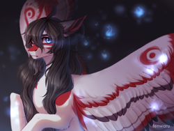Size: 2000x1500 | Tagged: safe, artist:fenwaru, oc, oc only, oc:hotaru, species:pegasus, species:pony, abstract background, black hair, blue eyes, coat markings, colored wings, colored wingtips, commission, female, looking at you, mare, solo, spread wings, wings