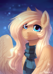 Size: 1000x1400 | Tagged: safe, artist:fenwaru, oc, oc only, oc:mirta whoowlms, species:pegasus, species:pony, abstract background, blonde, blue eyes, chest fluff, clothing, ear fluff, female, gift art, mare, scarf, smiling, solo