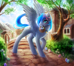 Size: 1920x1700 | Tagged: safe, artist:elzafox, oc, oc only, oc:key turner, species:pegasus, species:pony, basket, commission, easter basket, easter egg, femboy, male, scenery, solo, stallion, town, ych result