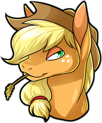 Size: 2963x3566 | Tagged: safe, artist:draikinator, character:applejack, species:pony, bust, clothing, female, food, freckles, hair tie, hat, lidded eyes, looking at you, mare, simple background, solo, straw in mouth, transparent background, wheat