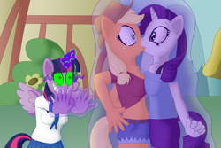 Size: 5243x3495 | Tagged: safe, artist:sergeant16bit, character:applejack, character:rarity, character:twilight sparkle, character:twilight sparkle (alicorn), species:alicorn, species:anthro, species:pony, ship:rarijack, boob squish, breasts, dark magic, female, forced, forced kiss, forced lesbian, grin, kissing, lesbian, magic, magic abuse, now kiss, shipper on deck, shipping, smiling, sombra eyes, spread wings, symmetrical docking, twilight the shipper, wingboner, wings