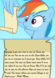 Size: 1140x1616 | Tagged: safe, artist:saphire-systrine, character:rainbow dash, episode:grannies gone wild, g4, my little pony: friendship is magic, disney, dopey's wild mine ride, exploitable meme, meme, rainbow dash reading a scroll, snow white and the seven dwarfs, waltograph, wing hands