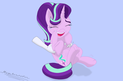 Size: 2872x1907 | Tagged: safe, artist:megaanimationfan, character:starlight glimmer, species:pony, species:unicorn, adorable face, belly, crying, cute, cute smile, cuteness overload, cutie mark, dawwww, disembodied hand, eyelashes, eyes closed, female, giggling happily, glimmerbetes, hand, kicking, laughing, mare, open mouth, signature, squirming, starlight gets what's coming to her, tears of laughter, tickle torture, tickling, ticklish tummy, underbelly