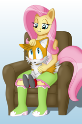 Size: 3495x5243 | Tagged: safe, artist:sergeant16bit, character:fluttershy, my little pony:equestria girls, blushing, chair, crossover, cuddling, gradient background, miles "tails" prower, petting, sonic the hedgehog (series)