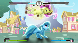 Size: 4209x2345 | Tagged: safe, artist:earthenhoof, artist:starkdust, community related, character:fluttershy, character:trixie, species:pony, species:unicorn, them's fightin' herds, cloven hooves, female, fight, fluttersheep, grin, ponyville, smiling