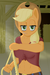 Size: 3495x5243 | Tagged: safe, artist:sergeant16bit, character:applejack, species:anthro, 1st person view, abs, appledom, barn, bondage, clothing, cowboy hat, female, femdom, hat, lasso, looking at you, offscreen character, pov, rope, rope bondage, solo, stetson, submissive pov, viewer on leash