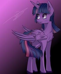 Size: 1750x2100 | Tagged: safe, artist:galinn-arts, character:twilight sparkle, character:twilight sparkle (alicorn), species:alicorn, species:pony, chest fluff, female, gradient background, looking back, mare, smiling, solo