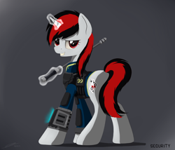 Size: 3264x2800 | Tagged: safe, artist:avastin4, oc, oc only, oc:blackjack, species:pony, species:unicorn, fallout equestria, fallout equestria: project horizons, clothing, fanfic, fanfic art, female, glowing horn, hooves, horn, looking back, magic, mare, pipbuck, solo, telekinesis, vault security armor, vault suit