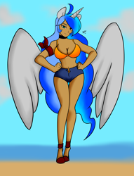 Size: 3024x3960 | Tagged: safe, artist:burningsnowflakeproductions, oc, oc only, oc:lyoko hope, species:alicorn, species:human, species:pony, alicorn oc, beach, belly button, big breasts, bikini, bikini top, breasts, choker, cleavage, clothing, eared humanization, female, horned humanization, humanized, humanized oc, looking at you, shoes, shorts, smiling, solo, swimsuit, winged humanization, wings