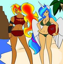 Size: 2664x2736 | Tagged: safe, artist:burningsnowflakeproductions, oc, oc only, oc:lyoko hope, oc:red fire, species:alicorn, species:human, species:pony, alicorn oc, beach, beach ball, belly button, big breasts, bikini, blushing, breasts, cleavage, clothing, eared humanization, female, horned humanization, humanized, humanized oc, jewelry, looking at you, necklace, ponytail, smiling, swimsuit, winged humanization, wings