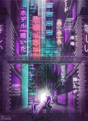 Size: 4000x5500 | Tagged: safe, artist:sol-r, character:starlight glimmer, species:pony, species:unicorn, g4, absurd file size, absurd resolution, city, cyberpunk, female, japanese, lights, looking up, neon, rear view, solo, story in the source, street sign, translated in the comments