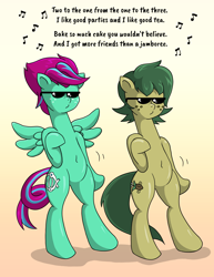 Size: 2550x3300 | Tagged: safe, artist:willdabeard, oc, oc only, species:earth pony, species:pegasus, species:pony, colored, dancing, eminem, glue70, green mane, lyrics, nate dogg, pink mane, pun, shake that (song), shokk, song, song reference, sunglasses, text, wrong neighborhood, you reposted in the wrong neighborhood