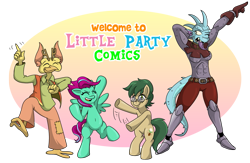 Size: 1353x882 | Tagged: safe, artist:willdabeard, oc, oc only, oc:gimbal, oc:gimbal lock, oc:nutmeg, species:anthro, species:bird, species:earth pony, species:pegasus, species:pony, comics, dancing, freckles, glasses, green mane, little party comics, lizard, pink mane, promo, simple background, standing, tokai, transparent background, website