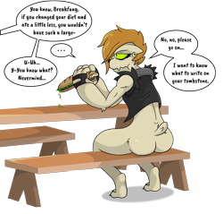 Size: 3450x3300 | Tagged: safe, artist:willdabeard, oc, oc only, oc:breakfang, species:diamond dog, angry, ass, bench, chewing, clothing, comic, dripping, eating, female, female diamond dog, food, glare, gloves, jacket, large butt, offscreen character, picnic, sandwich, simple background, sitting, solo, thighs, transparent background