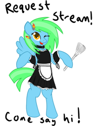 Size: 500x678 | Tagged: safe, artist:jade meteor, oc, oc only, oc:jade meteor, species:pegasus, species:pony, clothing, duster, livestream, maid, semi-anthro, text
