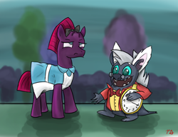 Size: 1040x800 | Tagged: safe, artist:pacificgreen, character:fizzlepop berrytwist, character:grubber, character:tempest shadow, my little pony: the movie (2017), alice in wonderland, alice liddell, bow, bunny ears, clock, clothing, cosplay, costume, dress, pocket watch, smiling, tempest shadow is not amused, unamused, white rabbit
