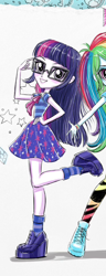Size: 280x727 | Tagged: safe, artist:ritalux, official, character:rainbow dash, character:twilight sparkle, character:twilight sparkle (scitwi), species:eqg human, g4, my little pony: equestria girls, my little pony:equestria girls, bow tie, bracelet, clothing, cropped, female, glasses, hand on hip, high heels, jewel, jewelry, looking at you, official art, raised leg, shoes, skirt, smiling, socks, stars, wristband